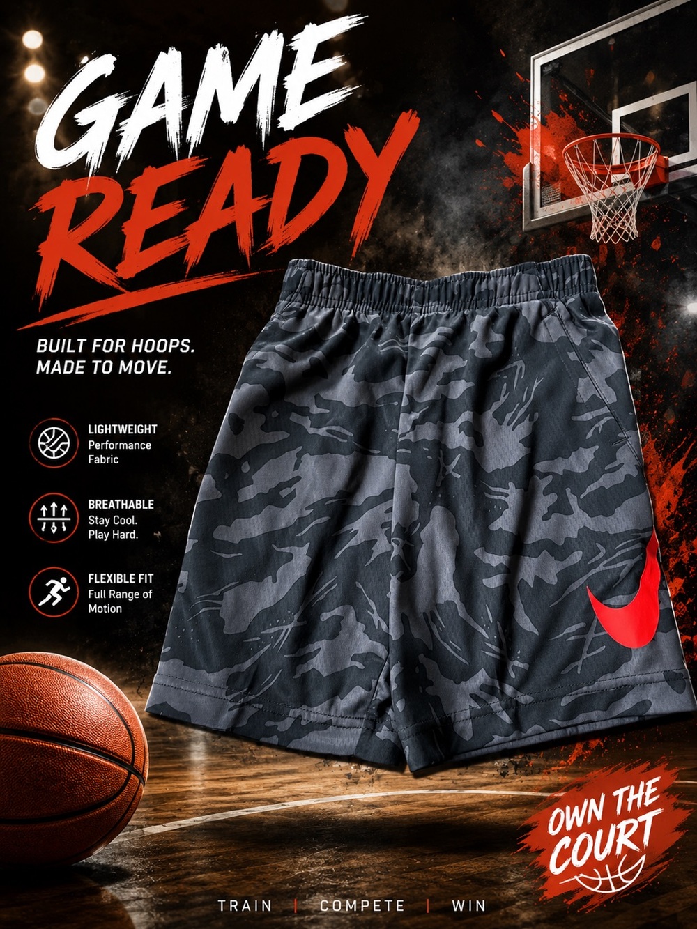 Nike boys Black Camo Basketball Shorts with Red Accent